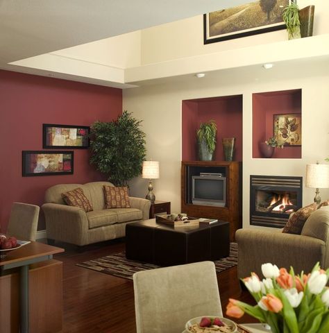 Popular Interior Paint Colors 2014 | ... its traditional accents, they knew burgundy was a hot color for 2014 Bedroom Burgundy, Maroon Living Room, Burgundy Bedroom, Maroon Walls, Burgundy Living Room, Burgundy Walls, Furnitur Ruang Keluarga, Red Living, Beige Living Rooms