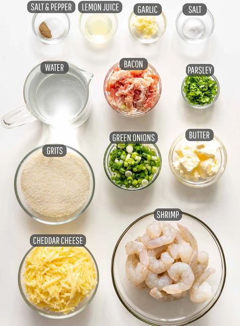 This southern style Shrimp and Grits are made with cheesy grits and seared shrimp then sautéed together with some fresh herbs and garlic. #shrimpandgrits #grits #shrimp #southernfood #recipe Shrimp And Grits Party Ideas, Pajama Brunch, Caribbean Gyal, Cheesy Shrimp And Grits, Charleston Shrimp And Grits, Grits Recipes, Creole Dishes, Dinner Date Recipes, Shrimp Grits Recipe