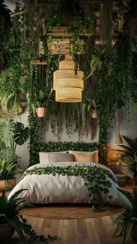 A woven basket-style hanging light enhances the organic feel. Perfect for plant lovers! Plant Wall In Bedroom, Green Plants Bedroom, Plant Filled Bedroom, Bedroom Plants Decor Ideas, Boho Plant Room, Bedroom With Plants, Barn Bedroom, Bedroom Plants Decor, Plant Bedroom