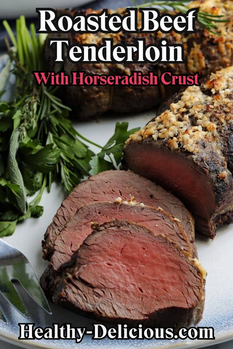 Beef tenderloin with a horseradish crust is guaranteed to be a showstopper on your Christmas dinner table. A whole beef tenderloin roast is rubbed with a delicious blend of herbs and spices, then cooked to perfection and served with creamy horseradish sauce or au jus. Rub For Beef Tenderloin, Beef Tenderloin Rub, Beef Tenderloin Recipes Grilled, Crusted Beef Tenderloin, Roasted Beef Tenderloin, Beef Tenderloin Recipe, Whole Beef Tenderloin, Creamy Horseradish, Grilled Beef Tenderloin