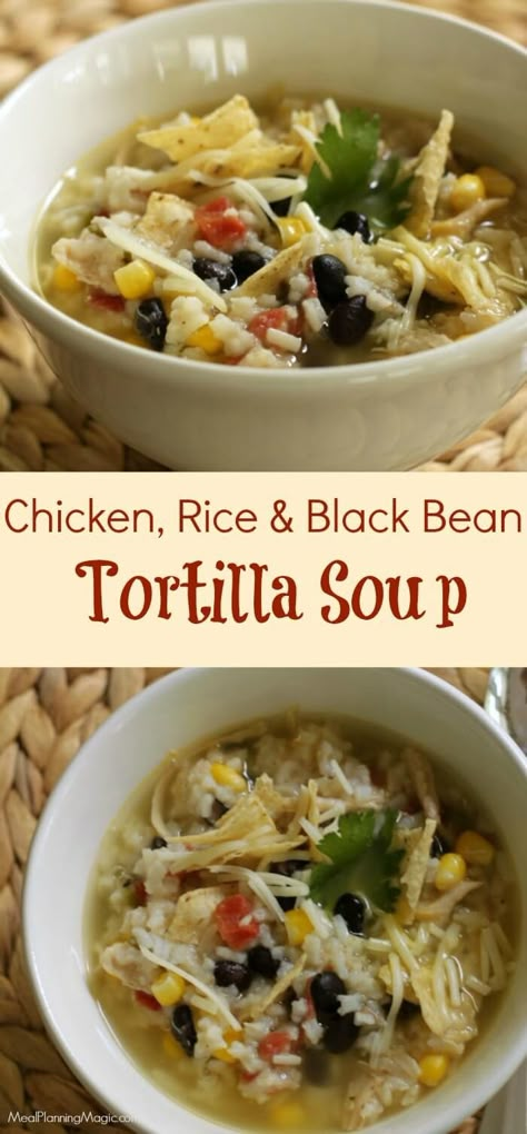 Soup Recipes Chicken Tortilla, Black Bean Tortilla Soup, Bean Tortilla Soup, Soup Recipes Chicken, Chicken Rice Beans, Black Bean Tortilla, Creamy Chicken Tortilla Soup, Black Bean Soup Recipe, Easy Chicken And Rice