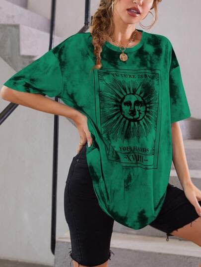 Tie Dye Green, Oversize Sleeves, Women T Shirts, Green Shirt, Oversized Tee, Women Tops, Half Sleeve, Half Sleeves, Drop Shoulder