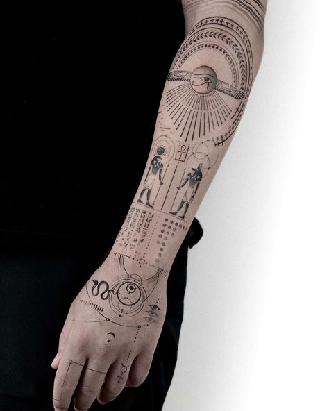 40+ Tattoo Ideas for Men 15 Egypt Patchwork Tattoo, Mens Egyptian Tattoo, Egyptian Theme Tattoo, Masculine Tattoo Ideas, Eygtian Sleeve Tattoo, Egyptian Tattoo Ideas, Men’s Egyptian Tattoo, Egyptian Tattoo Designs, Mother Earth Tattoo