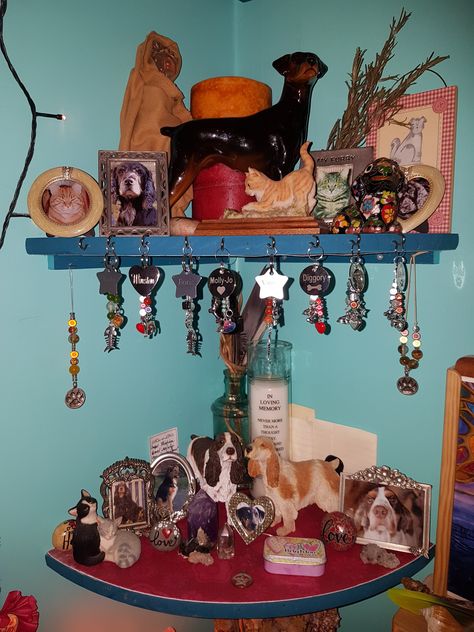 PETS - Rainbow Bridge Altar - Great Idea - I finally got around to buying the corner shelves so that I could create a space to honour the animals who have left our family and gone to Rainbow bridge where they wait for us to join them. I have treated the shelves the same way as my Moon and Sun corner shelves with paint,… Alter Ideas Spiritual, Morris Dancing, Witch Room, Memory Jar, Cat Loss, Moon And Sun, Cat Memorial, Summer Memories, Corner Shelves