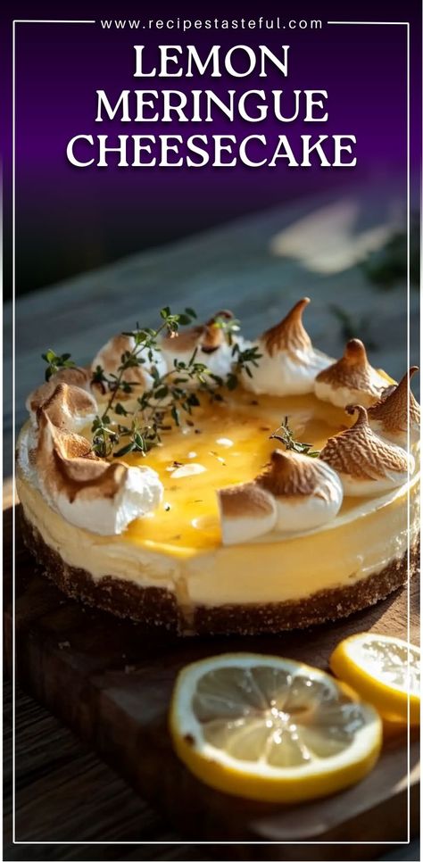 This Lemon Meringue Cheesecake combines creamy cheesecake, a zesty lemon curd, and a light meringue topping to create a perfect balance of tart and sweet flavors. The buttery graham cracker crust and refreshing citrusy lemon make it the ideal dessert for any special occasion. #LemonMeringueCheesecake #LemonDesserts #CitrusTreats #MeringueDesserts #CheesecakeLovers #FreshLemonDesserts #HolidayDesserts #ImpressiveDesserts Lemon Curd Cheesecake, Meringue Cheesecake, Curd Tart, Lemon Curd Tart, Meringue Topping, Lemon Meringue Cheesecake, Meringue Desserts, Cheesecake Lovers, Impressive Desserts