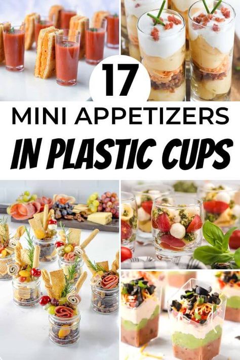 mini-appetizers-in-plastic-cups Christmas Party Hors Doeuvres Easy, Food Cups Ideas, Individual Dips In A Cup, Salad In Cups For Party, Salad Cups Individual, Individual Shrimp Cocktail Cups, Pasta Salad In Cups, Vegetable Cups For Party, Food In A Cup Ideas