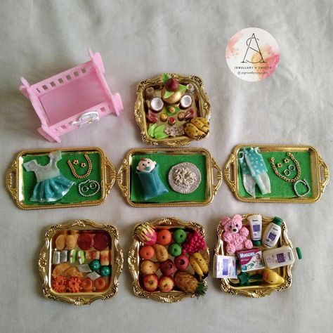 Miniature set for naming ceremony theme Cradle Ceremony Gift Ideas, Barasala Decoration Plates, Naming Ceremony Plate Decorations, Cradle Ceremony Return Gift Ideas, Naming Ceremony Decoration, Cradle Ceremony, Plate Decoration, Butterfly Cake Topper, Instruments Art