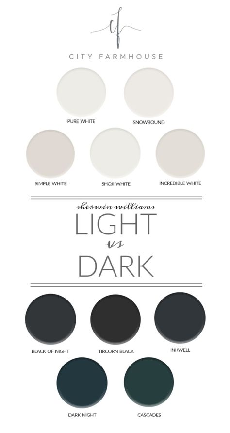 City Farmhouse - Sherwin Williams - Light vs Dark Paint Colors Interior Paint Colors For Living Room, Light Vs Dark, Interior Paint Colors Schemes, City Farmhouse, Dark Paint Colors, Shoji White, Dark Paint, Farmhouse Paint Colors, Farmhouse Paint