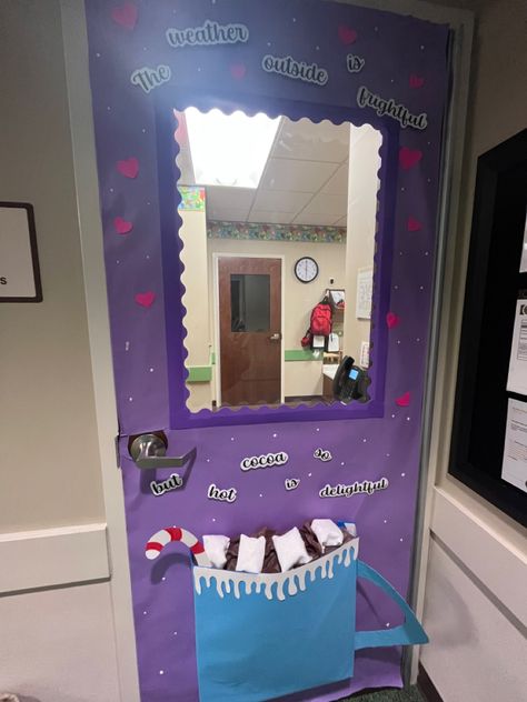 Hot Cocoa Bulletin Board Ideas For Kids, Hot Cocoa Door Decorations For School, Hot Cocoa Classroom Door, Hot Chocolate Door Decoration, Hot Cocoa Bulletin Board, Cocoa Board, Class Door, School Door Decorations, December Activities