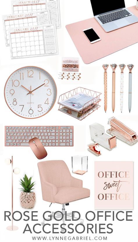 Rose Gold Desk and Office Accessories You Will Absolutely Love — Whatever is Lovely Gold Office Accessories, Rose Gold Desk, Rose Gold Room Decor, Rose Gold Rooms, Rose Gold Office, Gold Office Decor, Work Desk Decor, Gold Room Decor, Office Organization At Work