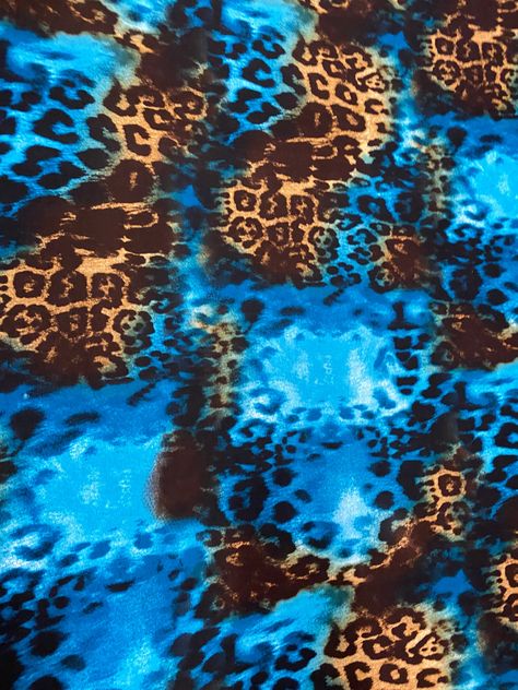 "New exotic leopard design teal/brown print on poly spandex medium weight 4-way stretch 58/60\" Sold by the YD. Ships worldwide from Los Angeles California USA. Content: 85% polyester; 15% spandex Perfect fabric for swimsuits, dance wear, activewear, dresses, tops, leggings and much more...." Activewear Dresses, Cute Fabric Prints, Leopard Print Background Aesthetic, Teal Cheetah Print Wallpaper, Colorful Cheetah Print, Teal Cheetah Print, Blue Cheetah Print, Colorful Leopard Print, Teal Animal Print Fabric