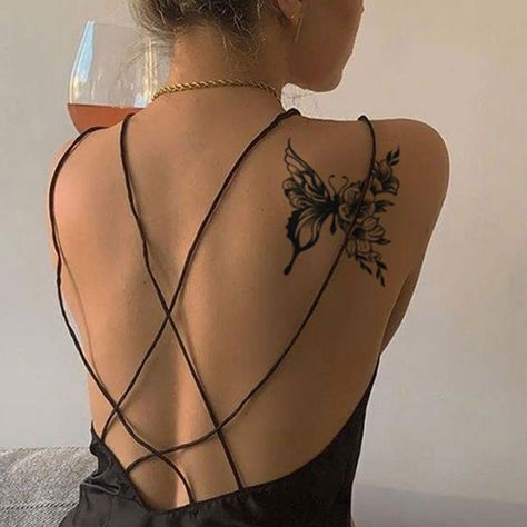 Butterfly Tattoo For Back, Tattoo For Women Back Shoulder, Butterfly Tattoo On Back For Women, Women Back Shoulder Tattoo, Back Tattoo Women Side, One Side Back Tattoo Women, Back And Side Tattoos For Women, Tattoo Butterfly Back, Tattoo Women Butterfly