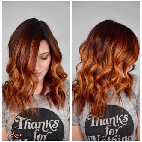 Copper Red Balayage hair with a shadow root. Beautifully melted with bright Red copper pieces throughout the hair. @hairbyfelrose Copper Red Balayage, Red Balayage Hair, Copper Red Hair, Copper Balayage, Red Balayage, Ginger Hair Color, Shadow Root, Hair Color Auburn, Hair Color Highlights