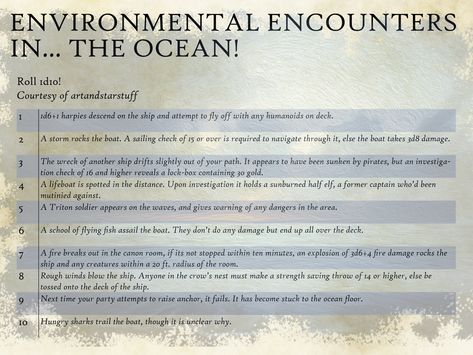 Ocean Encounters Dnd, Dnd Ocean Encounters, Dm Ideas Dnd, Dnd Tables, Dnd Encounters, Dm Tips, Random Encounters, Dm Ideas, Dnd Dm