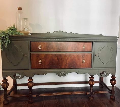 Melange Paint Furniture, Painted Antique Buffet, Antique Buffet Makeover, Dining Room To Office, Antique Sideboard Buffet, Wood Carving Furniture, Green Furniture, Diy Furniture Renovation, Furniture Hacks