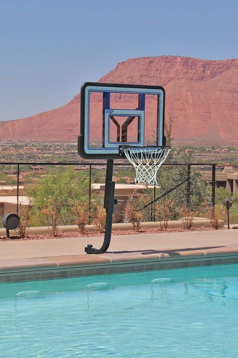 Black deck-mounted pool basketball hoop Salt Water Pools, Pool Basketball Hoop, Pool Basketball, Volleyball Set, Basketball Backboard, Basketball Net, Basketball Goals, Fiberglass Pools, Small Pool