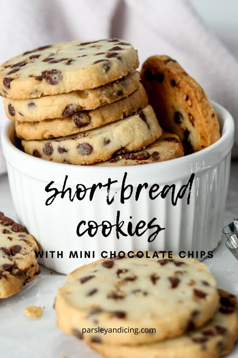 Stuffed Shortbread Cookies, Chocolate Chip Shortbread Cookies Easy, Short Bread Chocolate Chip Cookies, Mini Chocolate Chip Shortbread Cookies, Recipes Using Mini Chocolate Chips, Shortbread Chocolate Chip Cookie Recipe, What To Bring To Brunch, Shortbread Chocolate Chip Cookies, Easy Fancy Cookies