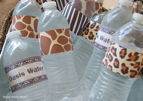 Safari Party Printables - African animal prints - by Press Print Party! Bottle wraps Safari Drink Ideas, Safari Party Drinks, Safari Drinks, Waterrower Workout, Adult Safari Party, Safari Birthday Souvenir Ideas, Africa Party, Safari Water Bottle Labels, Sisterhood Round