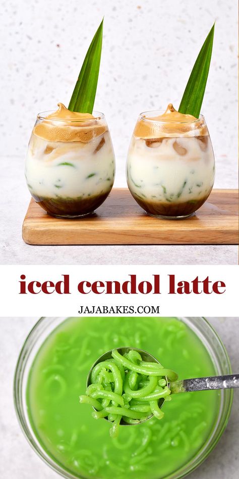 This Iced Cendol Latte is the elevated version of the old-fashioned Iced Cendol Dawet. It features pandan jellies with palm sugar syrup, milk, and dollops of dalgona coffee. Cendol Recipe, Pandan Drink, Halloween Cooking, Indonesian Desserts, Bali Food, Tea Drink Recipes, 2024 Recipes, Vietnamese Coffee, Palm Sugar