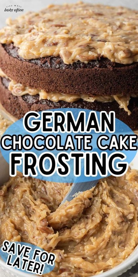 German Chocolate Cake Frosting Recipe, Chocolate Cake Brownies, German Chocolate Icing, German Chocolate Cake Frosting, Aesthetic Sweets, German Chocolate Frosting, Homemade Frosting Recipes, Brownies Cupcakes, Live Well Bake Often