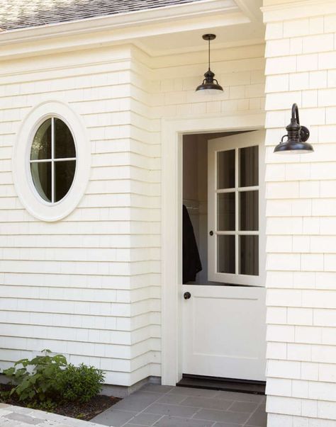 Hardscaping 101: The Ins and Outs of Dutch Doors Oval Window, Dutch Door, White Paint Colors, Neutral Interiors, Small Cottage, Open Door, Design Exterior, Back Doors, Indoor Outdoor Living