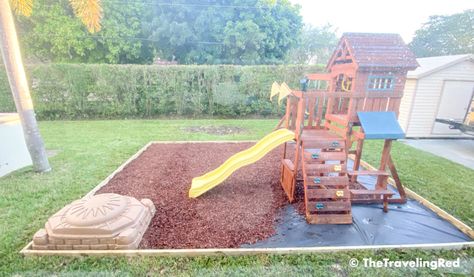 BACKYARD PLAYGROUND AT HOME – HOW TO BUILD IT Outdoor Mulch Play Area, Backyard Rubber Play Area, Diy Playground Flooring, Backyard Play Area Landscaping, Mulch Play Area Backyard, Outdoor Play Area Flooring Ideas, Mulched Play Area Backyard, How To Build A Playground, Rubber Mulch Play Area