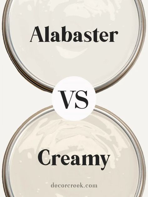 The image displays a comparison between two paint colors, "Alabaster" and "Creamy." Both color names are placed inside the outline of paint cans, with "Alabaster" at the top and "Creamy" at the bottom. In the center, there is a large "VS" inside a circle, indicating a contrast between the two shades. The background shows a soft, neutral palette, highlighting the subtle differences between these two off-white colors. Creamy Sherwin Williams Walls, Cozy Interiors, Beige Paint, Farmhouse Paint Colors, Popular Paint Colors, Paint Color Inspiration, Off White Paints, Favorite Paint Colors, Paint Colors Benjamin Moore