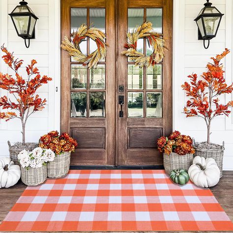 PRICES MAY VARY. Thanks to its ideal size of 3' x 5', the orange and white plaid rug complement the welcome mat perfectly, creating a double door mat that serves as an excellent fall front door decoration. Crafted from woven cotton, the orange and white plaid rug is not only stylish but also durable and strong, making it suitable for outdoor areas, foyers, and other high-traffic zones. This plaid rug doormat is designed for convenience and easy maintenance. Simply vacuum or shake the rug to keep Southern Fall Front Porch Decor, Fall Home Decor Front Porch, Fall Decor Ideas For The Home Outdoor, Fall Esthetics, Fall Front Door Decor Entrance, September Home Decor, Front Door Fall Decor Ideas, Fall Decor For Front Porch, Double Door Mat