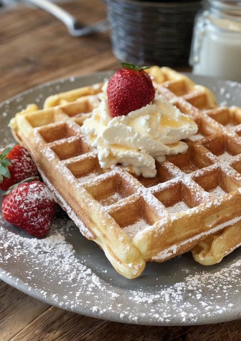 "Enjoy delicious Belgian waffles with irresistibly crispy edges, perfect for breakfast or brunch. Easy to make and loved by all! #BelgianWaffles #BrunchIdeas #CrispyWaffles" Healthy Belgian Waffle Recipe, Fried Waffles, Fancy Waffles, Waffle Belgian, Buttery Waffles, Aesthetic Waffles, Belgium Waffle Recipe, Waffle Batter Recipe, Waffles Aesthetic