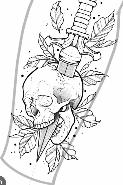 Side View Skull Tattoo, Creepy Skull Tattoo Design, Skull Knife Tattoo Design, Skull Floral Tattoo Design, Skull And Dagger Tattoo Design, Day Of The Dead Flowers Drawings, Guillotine Tattoo Design, Neo Trad Grim Reaper, Fine Line Tattoo Outline