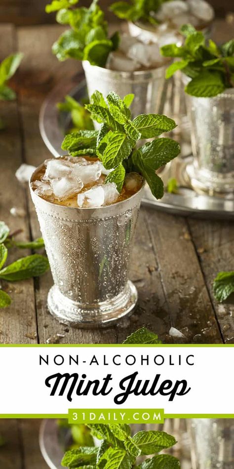 Mocktail Mint Julep, Mint Juleps Recipe, Mocktails Non Alcoholic 1920s, Mint Julep Recipe Pitcher, Mint Julep Recipe Non Alcoholic, Kentucky Derby Drinks, Derby Food, Kentucky Derby Food, Kentucky Derby Recipes