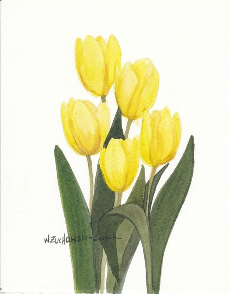 Tulip Flower Drawing, Tulip Bunch, Daffodil Bouquet, Tulip Drawing, Tulip Painting, Watercolor Tulips, Art & Craft Paint, Yellow Tulips, Sunset Painting