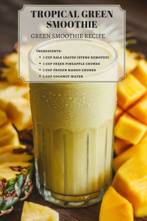 Enjoy a tropical twist with this green smoothie! Kale, pineapple, and mango combine for a refreshing and healthy drink. #tropicalsmoothie #greensmoothierecipes #smoothiedrinkrecipes Pineapple Kale Smoothie, Smoothie Kale, Tropical Green Smoothie, Yummy Green Smoothie, Green Smoothie Bowl, Dairy Free Smoothies, Green Smoothie Recipe, Kale Smoothie, Healthy Green Smoothies