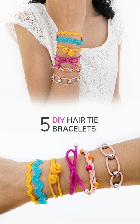 Learn how to make these five styles of hair tie bracelets. A mix between a bracelet and a hair tie that not only looks super cute but it's also functional. Tie Bracelets, Best Hair Ties, String Friendship Bracelets, Hairstyles Anime, Hair Ties Diy, Diy Crafts For Teen Girls, Friendship Bracelets Easy, Diy Fashion Ideas