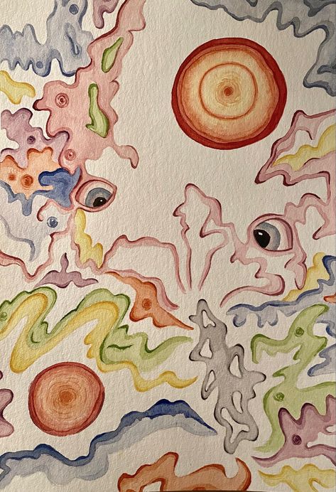 Psycheledic Drawing, Weird Art Watercolor, Phycadelic Drawing Ideas, Watercolor Art Surrealism, Surrealism Watercolor Painting, Psychadelic Art Watercolour, Watercolor Art Y2k, Funky Watercolor Paintings, Watercolor Paintings Trippy