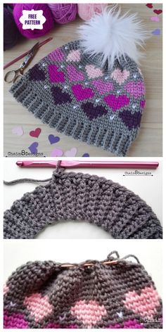 Inspiração Crochet Patterns For Hats, Pola Kupluk, Hat Free Crochet Pattern, Crochet Heart Pattern, Confection Au Crochet, Crochet Hat Free, Crochet Knit Hat, Crochet Fun, Bonnet Crochet