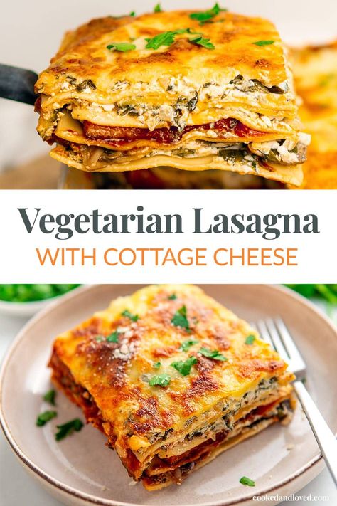 This is a high-protein, healthy vegetable lasagna recipe with cottage cheese, ricotta, spinach, butternut squash, zucchini and mushrooms. There are a few simple prep steps involved but overall this is an easy lasagna without bechamel sauce and you can use a store-bought tomato sauce for extra convenience. I know lasagna recipes often overwhelm people but my how-to photos and video will help you along the way. Everyone will be asking you for the recipe! via @irena_macri Healthy Vegetable Lasagna, Lasagna Recipe With Cottage Cheese, Spinach Butternut Squash, Cottage Cheese Lasagna Recipe, Healthy Vegetarian Lasagna, Recipe With Cottage Cheese, Vegetable Lasagna Recipe, Zucchini And Mushrooms, Cheese Lasagna Recipe