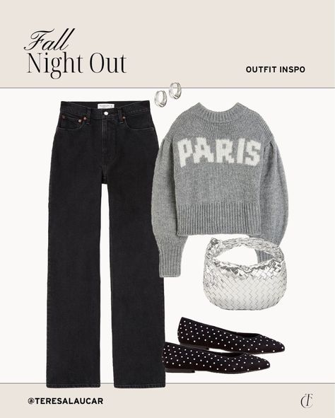 Get ready for a night out this fall with a Parisian-inspired sweater, ballet flats, and a metallic purse. Elevate your evening look with timeless elegance and sophistication. Tap to shop! Metallic Purse Outfit, Metallic Ballet Flats Outfit, Teresa Caruso, Ballet Flats Outfit, December Outfits, Purse Outfit, Metallic Ballet Flats, Evening Look, Flats Outfit