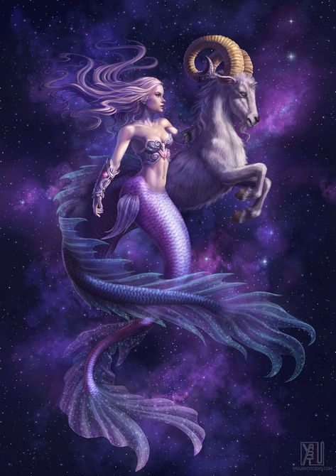 ArtStation - Mermaid Zodiac Series: Capricorn, Yasushi Matsuoka Mermaid Zodiac, A Mermaid, Ram, A Woman, Mermaid, Deviantart, Purple, White, Instagram