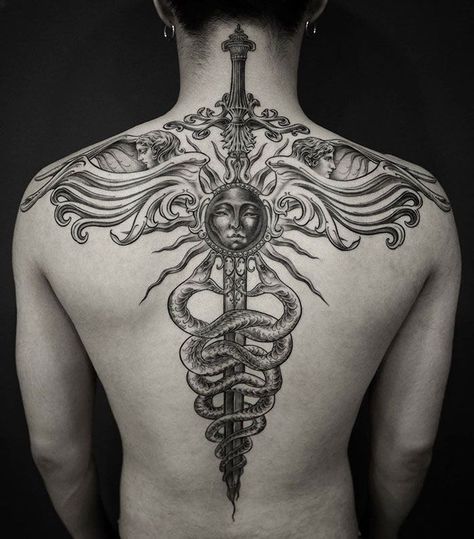 Caduceus Tattoo, Tatuaje Trash Polka, Backpiece Tattoo, Cool Back Tattoos, Occult Tattoo, Back Piece Tattoo, Full Back Tattoos, Love Or Hate, Pieces Tattoo