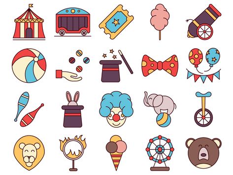 Circus Theme Drawing, Circus Cute Illustration, Cute Circus Illustration, Circus Symbols, Carnival Doodles, Circus Doodles, Circus Elements, Circus Icon, Circus Stickers