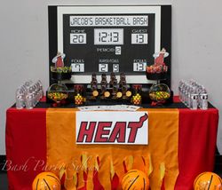 Jacob's Miami Heat Basketball Bash - Miami Heat Basketball Miami Heat Birthday Party Ideas, Sporty Decor, Basketball Birthday Party Ideas, Miami Heat Party, Twins Graduation, Ball Theme Party, Basketball Wedding, Basketball Banquet, Basketball Birthday Party