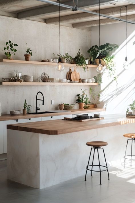 Discover the latest kitchen design trends with this elegant and minimalist space. Featuring open shelves and natural wood accents, it’s perfect for a refreshing and stylish look. Enhance your home with these stunning details! #KitchenGoals #InteriorDesign #ModernLiving Kitchen Inspo Organic Modern, Organic Modern Home Kitchen, Kitchen Plants Shelves, Minimal Boho Home, Organic Minimalist Home, Modern Boho Kitchen Ideas, Open Shelving Kitchen Ideas, Open Kitchen Shelving, Modern Boho Kitchen