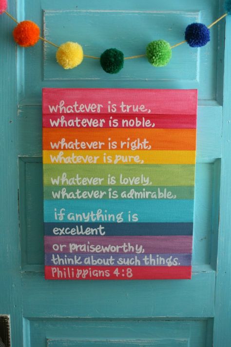 School Decor Ideas, Rainbow Canvas Painting, Scripture Art Canvas, Rainbow Bathroom, Scripture Painting, Bible Verse Painting, Nursery Jungle, Bible Verses For Kids, Wall Art Diy Paint