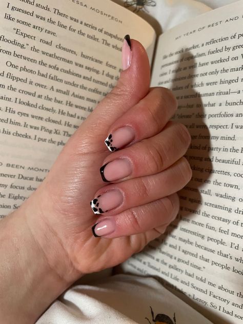 Cute black and white cow print french tips!! Cow Print Nails Black And White, Cow French Tip, Cow Print French Tips, White Short Nails, Black And White Cow Print, French Tip Acrylics, White Cow Print, Western Nails, Black And White Cow