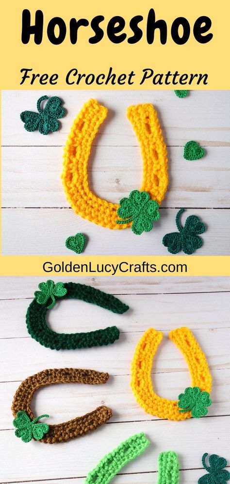 This crochet Horseshoe applique will make a great embellishment not only for St. Patrick’s Day! Crochet horseshoe applique, free crochet pattern, St. Patrick's Day, lucky horseshoe, shamrock, embellishment, decoration Crochet Horseshoe, Holiday Crochet Patterns, Crochet Thread Size 10, St Patricks Crafts, Crochet Applique Patterns Free, Crochet Horse, Crochet Abbreviations, Crochet Supplies, St Pats