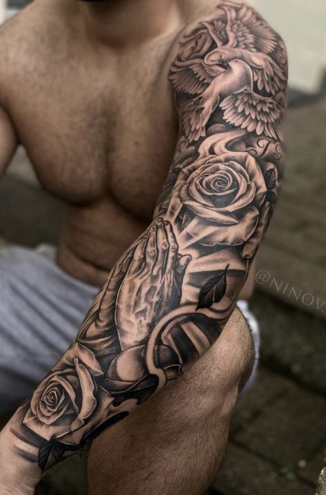 Right Arm Sleeve Tattoo Men, Front Arm Tattoo Men Sleeve, Roman Numeral Collar Bone Tattoo, Upper Arm Tattoo Sleeve, Ezra Tattoo, Mens Sleeve Tattoo, Half And Full Sleeve Tattoos, Full Arm Sleeve, Voll Arm-tattoos