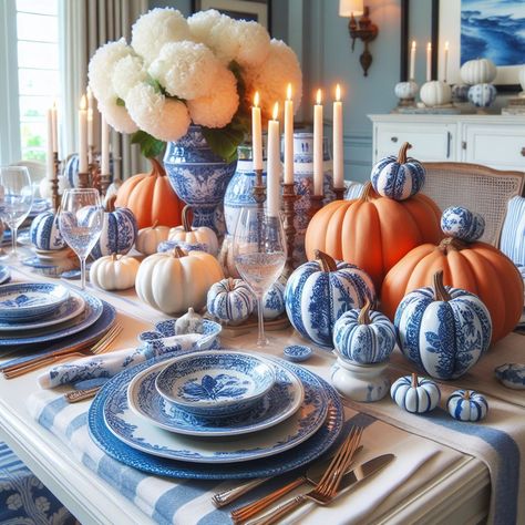 #thanksgivingdecor #diyideas #falldecor #tablescape #thanksgivingtable #homedecor #autumndecor #fallfeast #craftideas #thanksgivingcenterpiece Blue And Orange Fall Table Decor, Blue Willow Fall Decor, Blue And Orange Halloween Decor, Blue And Copper Fall Decor, Chinoiserie Thanksgiving Table, Blue And White Thanksgiving Tablescape, White Thanksgiving Table, Blue And Orange Fall Decor, Blue Thanksgiving Table