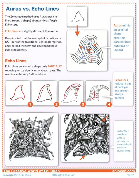 3DTangle: Echo Lines — Eni Oken Line Drawing Artists, Eni Oken, Art Zentangle, Zentangle Tutorial, Zentangle Artwork, Tangle Pattern, Tangle Doodle, Online Art Classes, Tangle Art