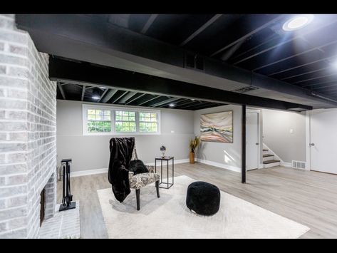 Basic Finished Basement, Black Exposed Basement Ceiling, Studio Basement Ideas, Amazing Basements, Diy Cave, Scary Basement, Low Basement, Focused Quotes, Exposed Basement Ceiling